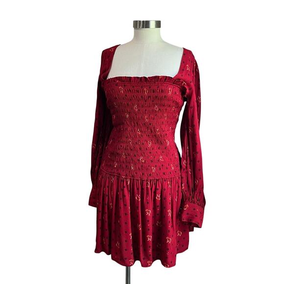 Free People Red Ruby Combo Two Faces Smocked Mini Dress Size Small - Picture 2 of 14